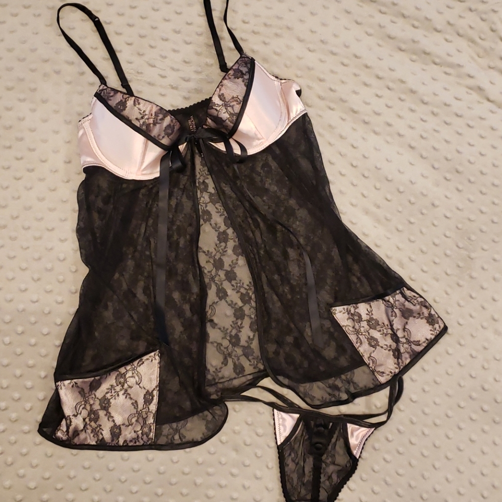 VS Black Lace/Iced Pink Babydoll Slip & Panties